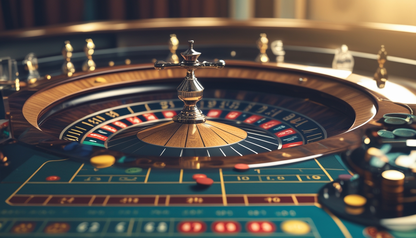 Meja roulette dengan roda berputar dan chip taruhan yang diletakkan pada angka dan pola di meja.