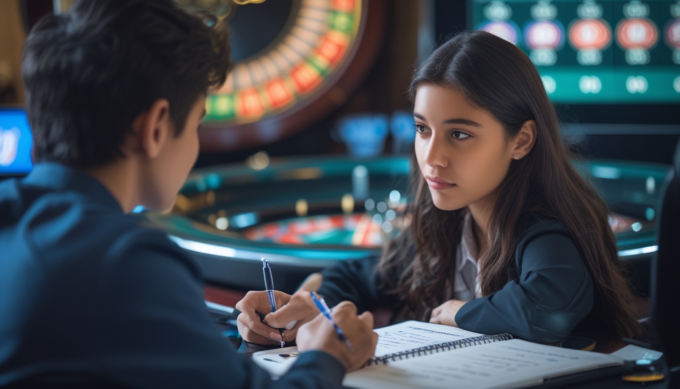 Seorang pemula sedang mencatat pola keluaran angka pada meja roulette di kasino.