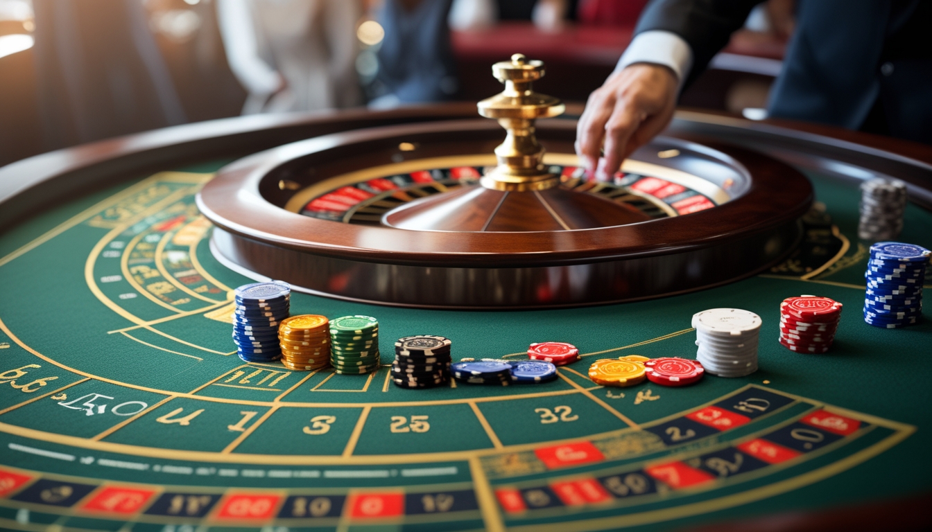 Meja roulette dengan roda roulette dan tangan pemain yang meletakkan chip taruhan.