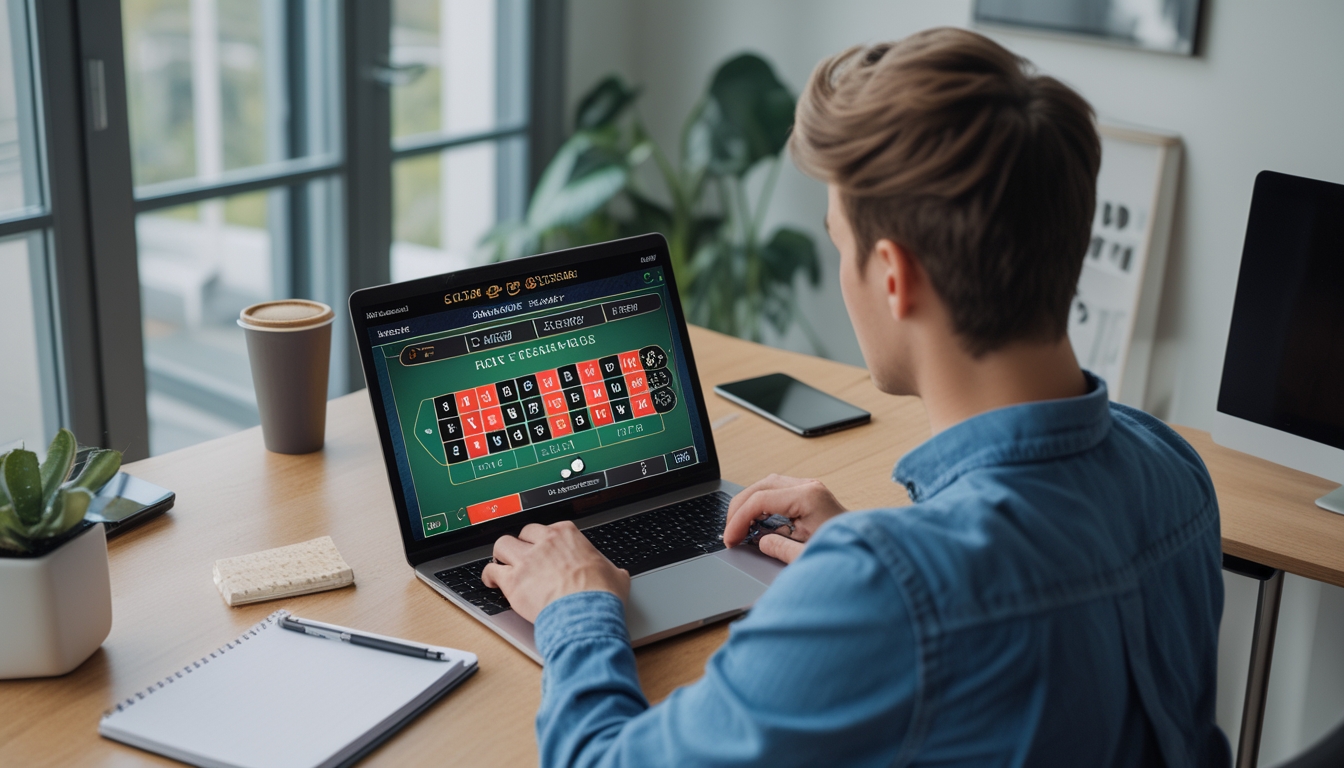 Seorang pemula sedang belajar strategi membaca pola angka roulette online di depan laptop di ruang kerja yang rapi.