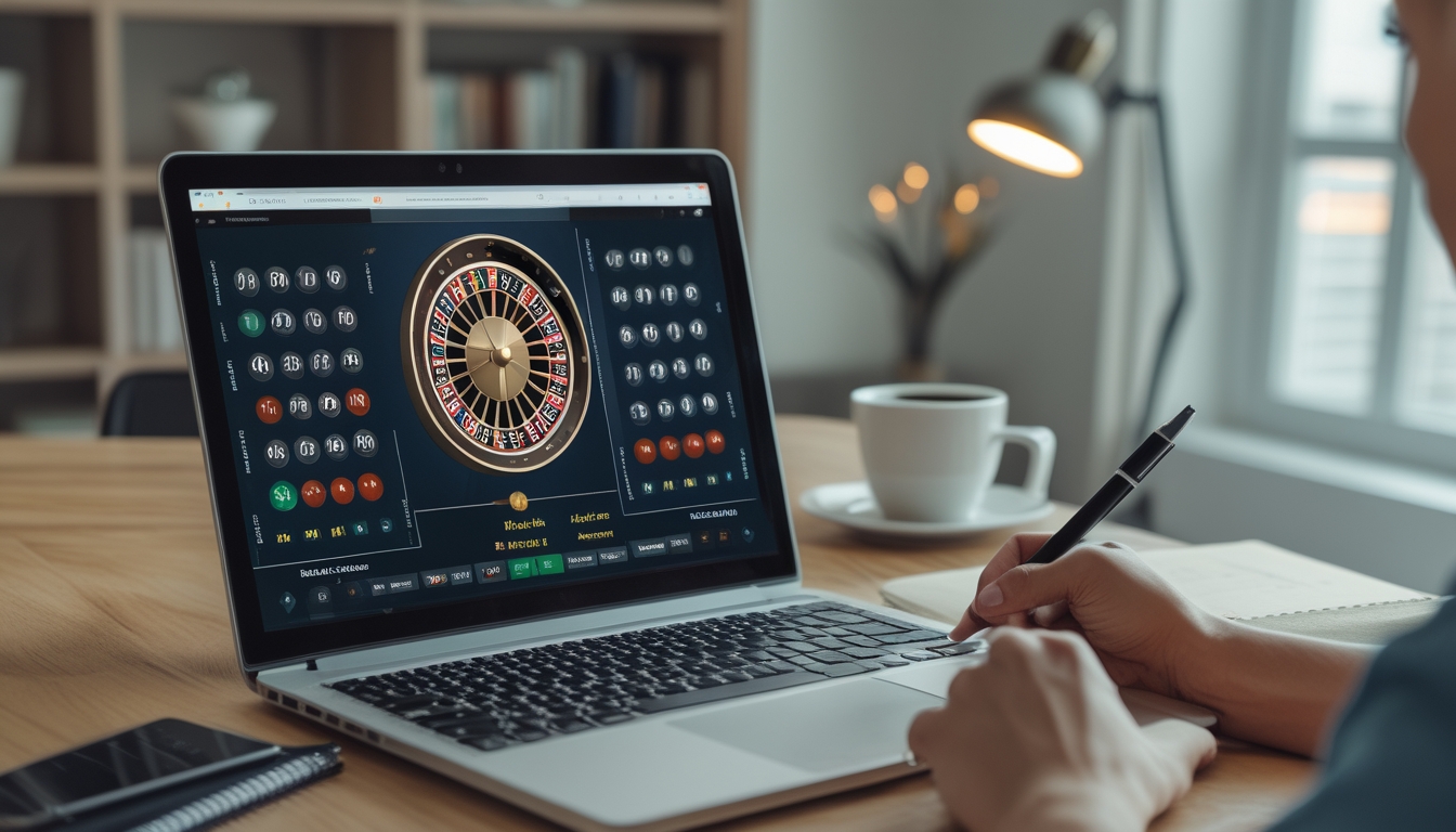 Seorang dewasa muda sedang belajar pola angka roulette online dengan laptop dan mencatat di meja kerja di rumah.
