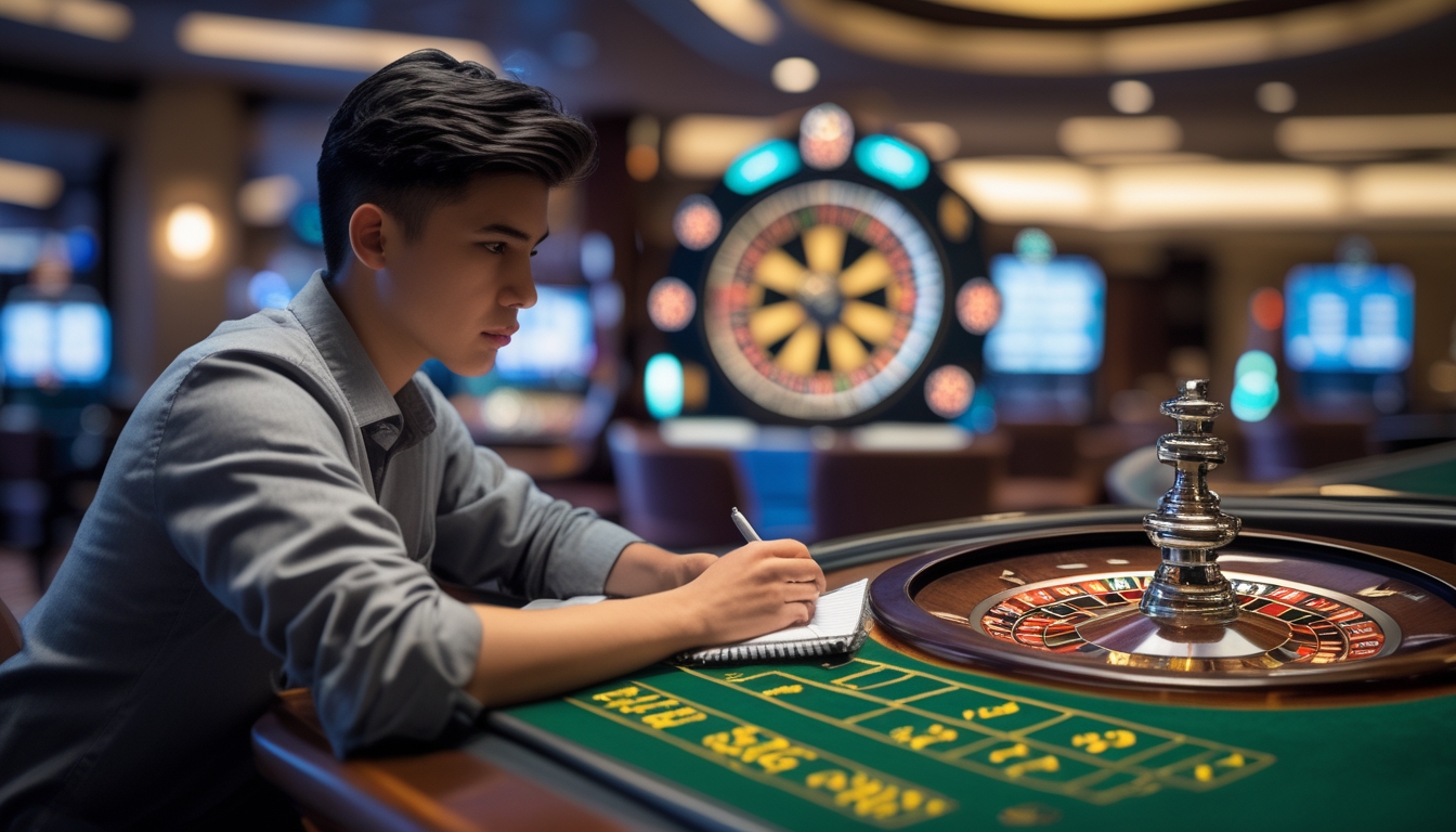 Seorang pemula sedang mempelajari meja roulette di kasino dengan ekspresi fokus dan alat tulis di tangan.