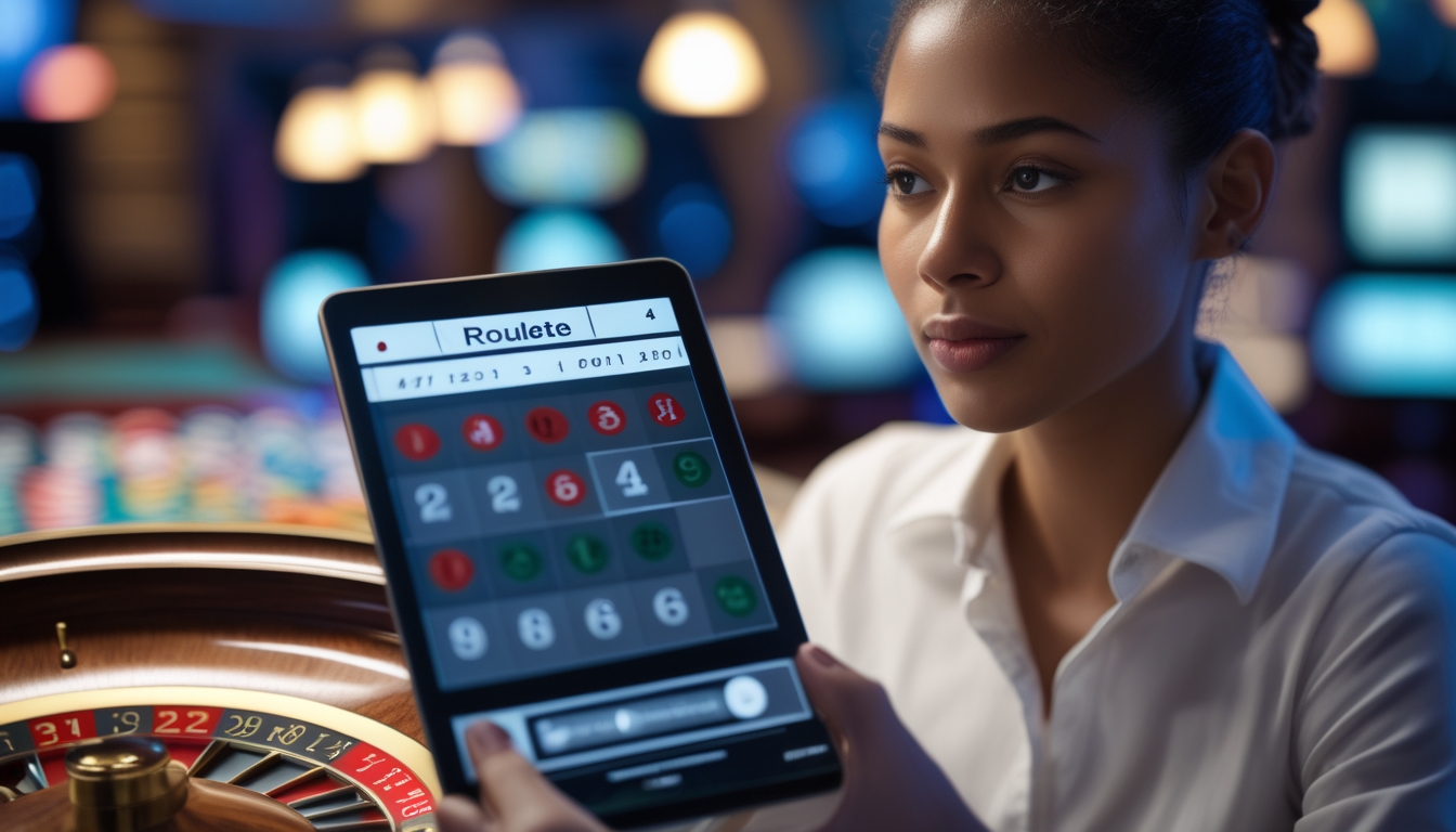 Seseorang sedang memperhatikan roda roulette dan mencatat pola angka dalam suasana kasino.