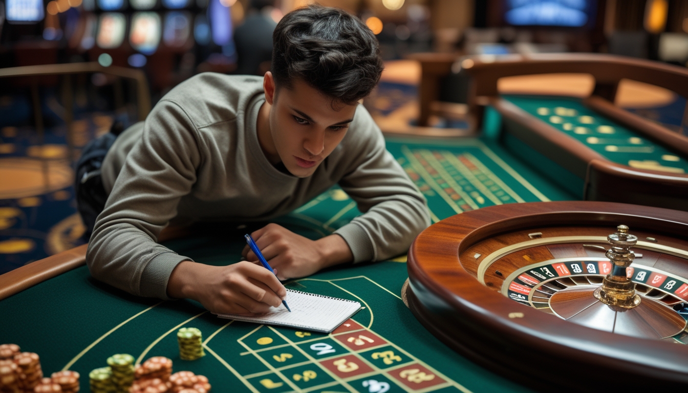 Seorang pemula sedang memperhatikan dan mencatat pola angka pada meja roulette kasino.
