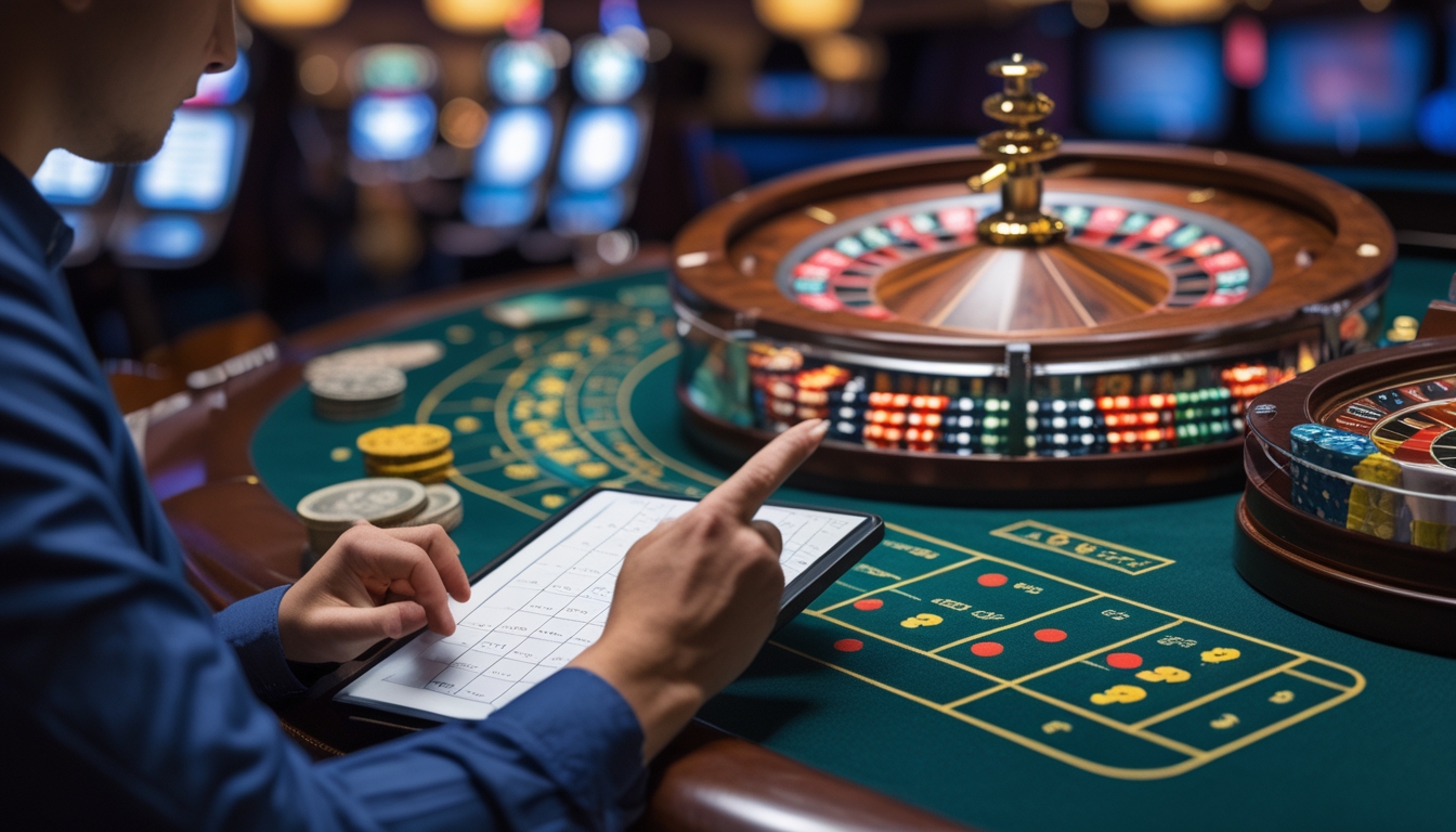 Seorang pemula sedang mengamati dan menganalisis pola angka pada meja roulette di kasino.