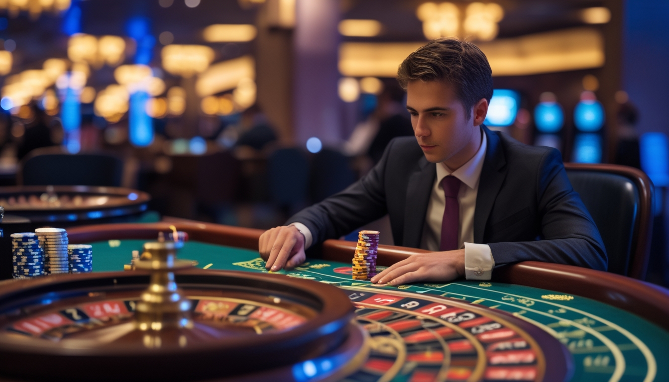 Seseorang yang fokus mengamati pola angka pada meja roulette di kasino.