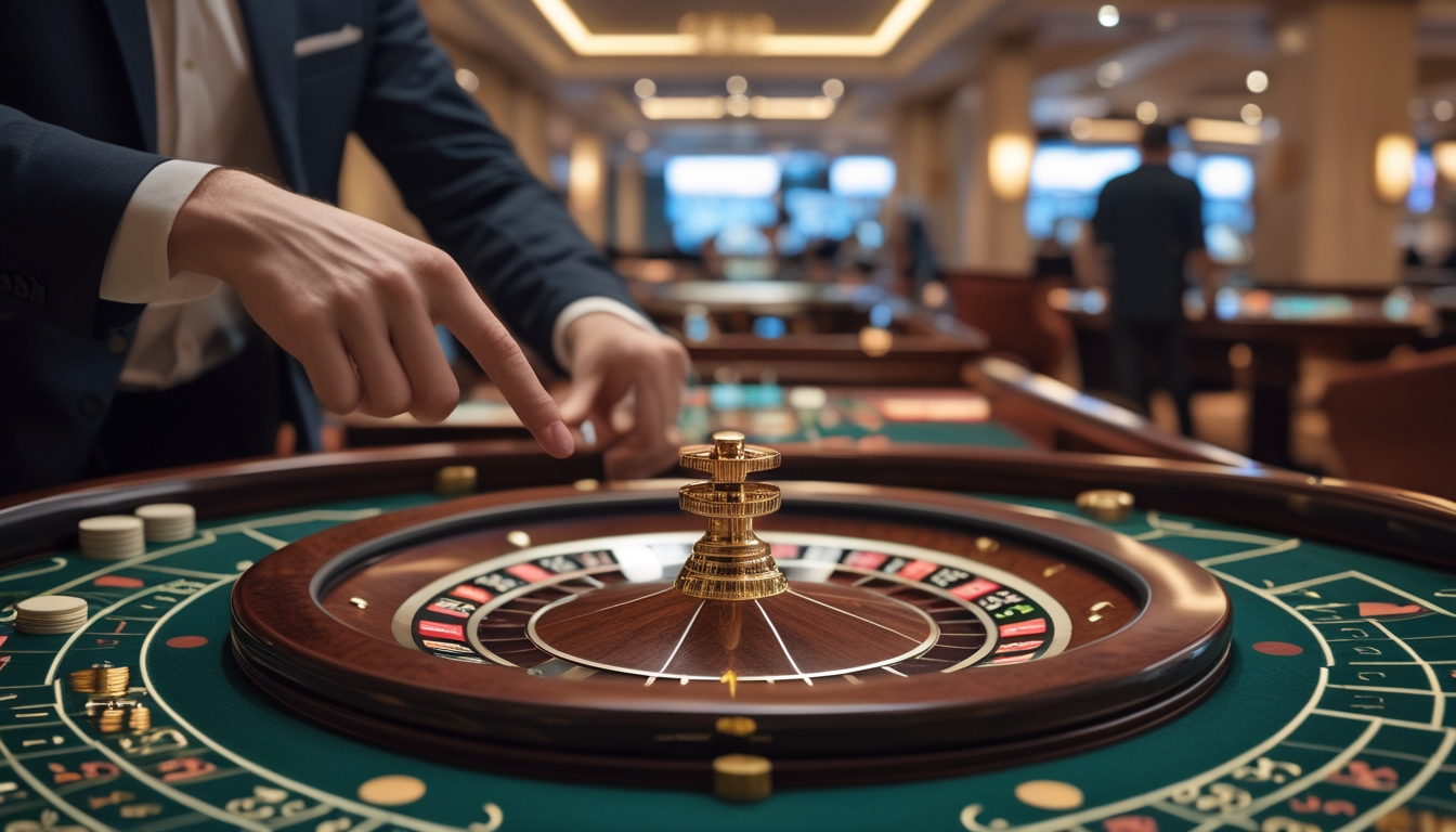 Tangan seseorang menunjuk ke angka pada meja roulette dengan roda roulette di latar belakang.