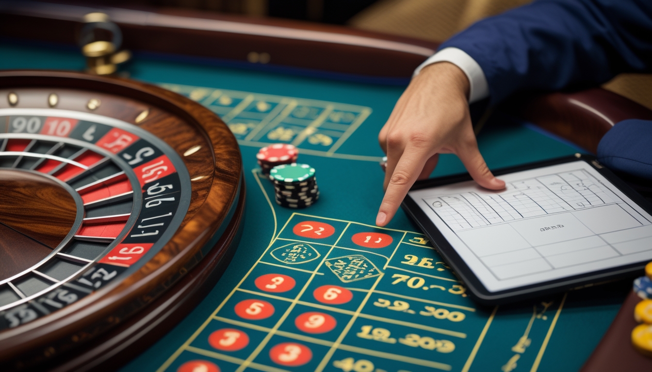 Seorang pemain pemula sedang memperhatikan pola angka pada meja roulette dengan tangan menunjuk ke meja dan alat catatan di dekatnya.