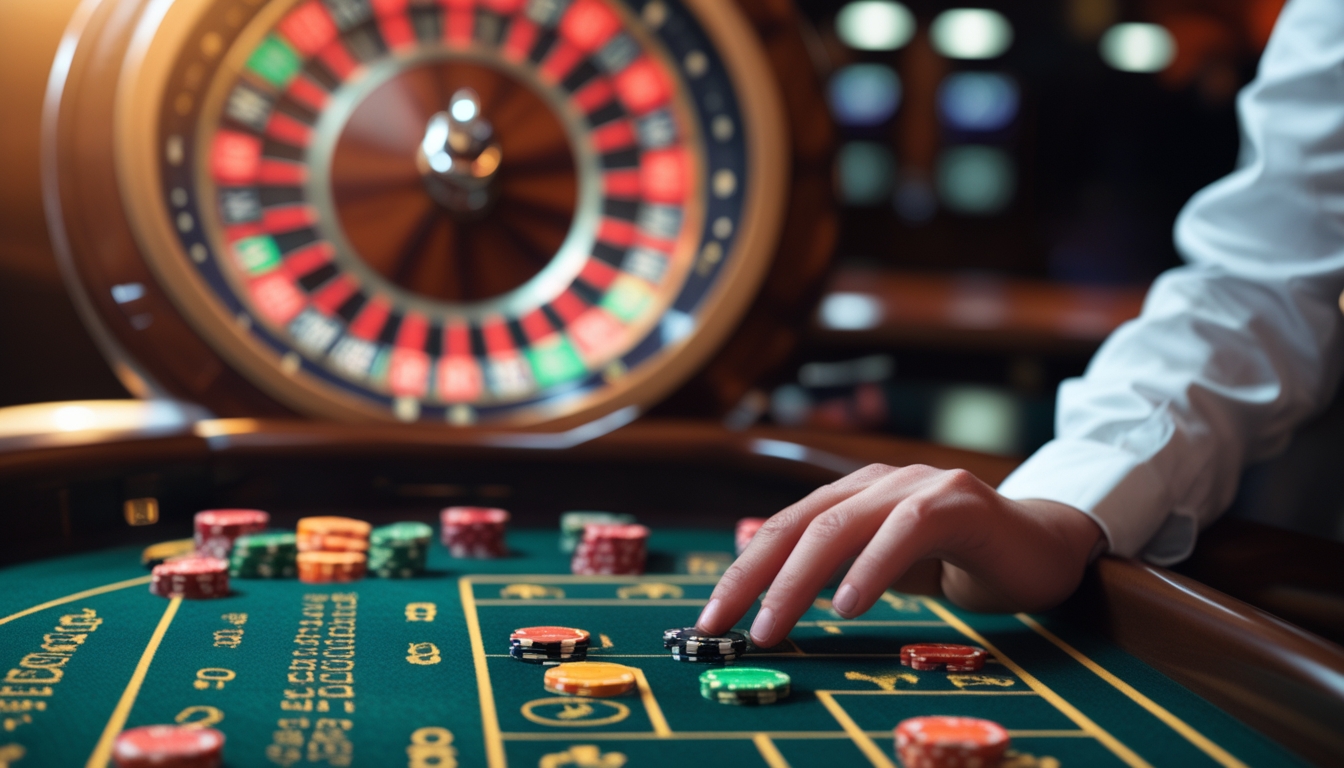 Tangan pemain sedang meletakkan chip di meja roulette dengan roda roulette berputar di latar belakang.