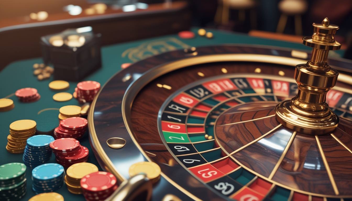 Tampilan dekat roda roulette yang sedang berputar dengan bola di salah satu angka, dikelilingi oleh chip taruhan berwarna-warni di meja kasino.
