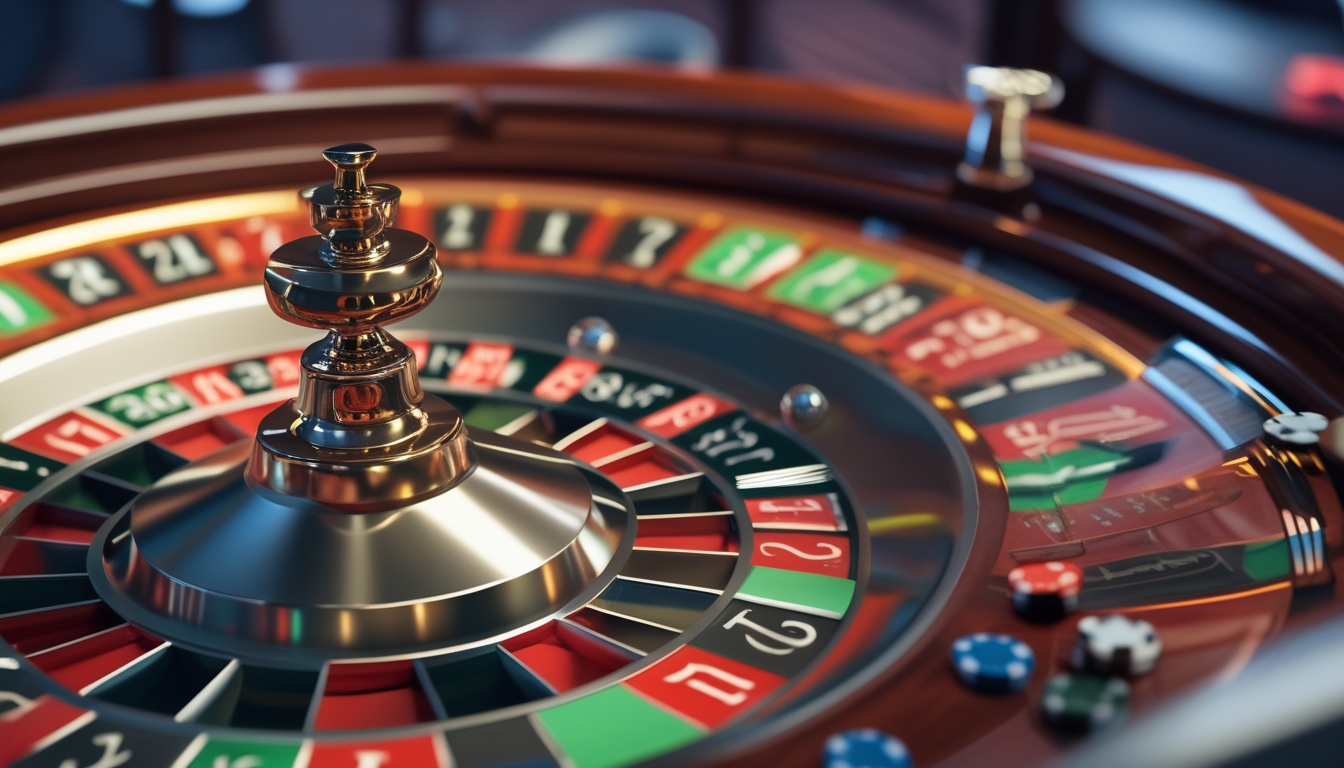 Foto close-up roda roulette dengan bola putih yang berputar dan meja taruhan dengan chip warna-warni di kasino.