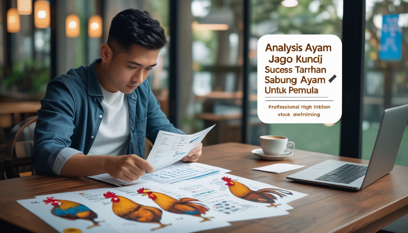 Seorang pria sedang duduk di meja kayu sambil menganalisis catatan dan diagram tentang ayam jago dengan latar belakang yang kabur.