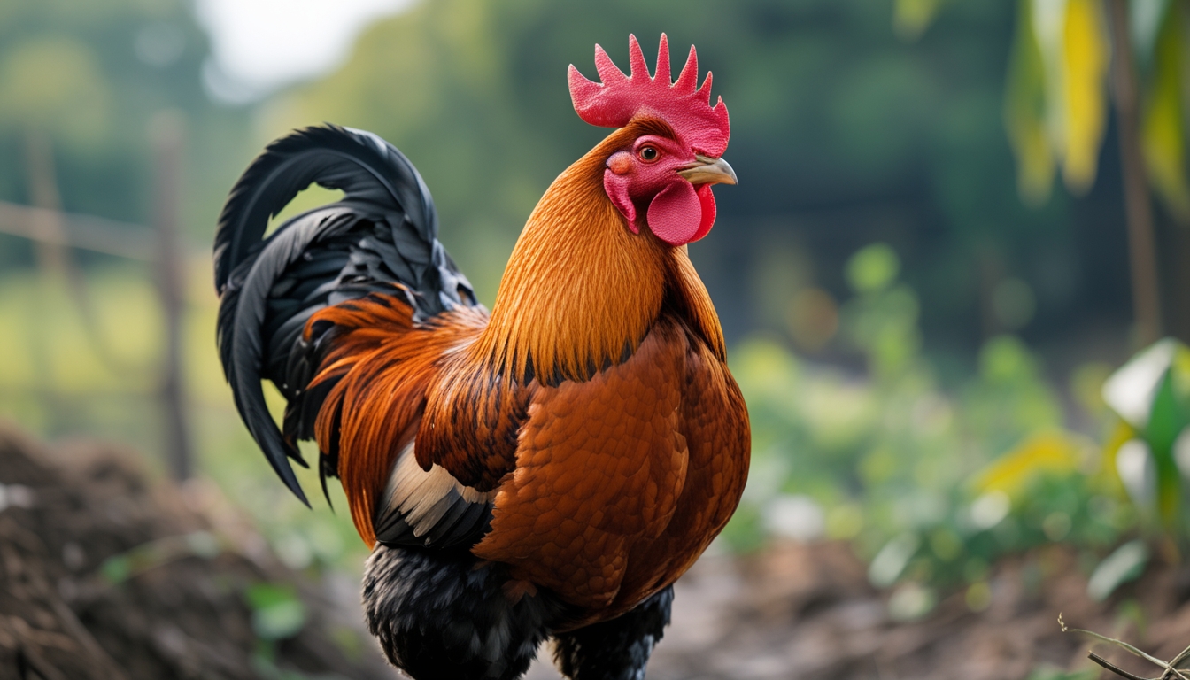 Seekor ayam jago berdiri tegak di luar ruangan dengan bulu berwarna cerah dan tubuh yang kuat.