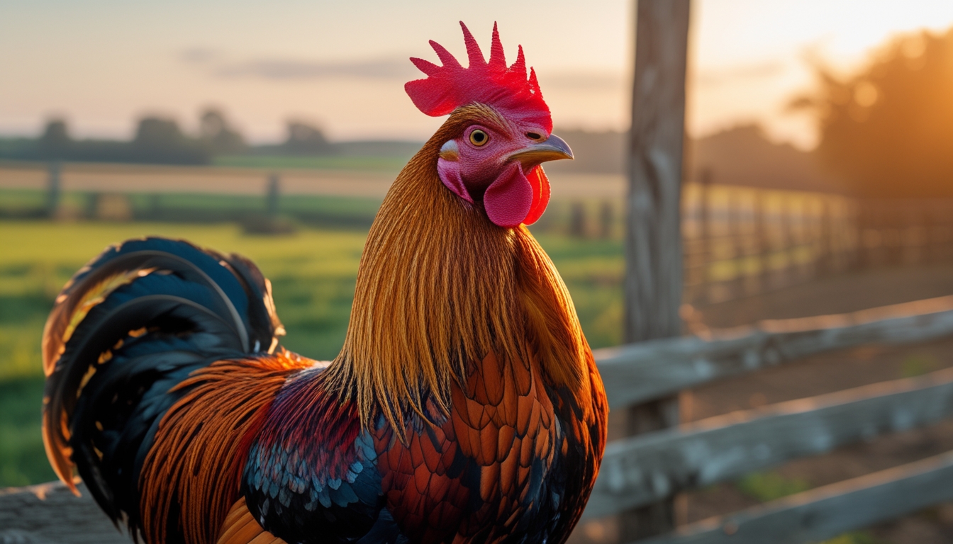 Seekor ayam jago berdiri di atas pagar kayu dengan latar belakang ladang hijau dan sinar matahari hangat.
