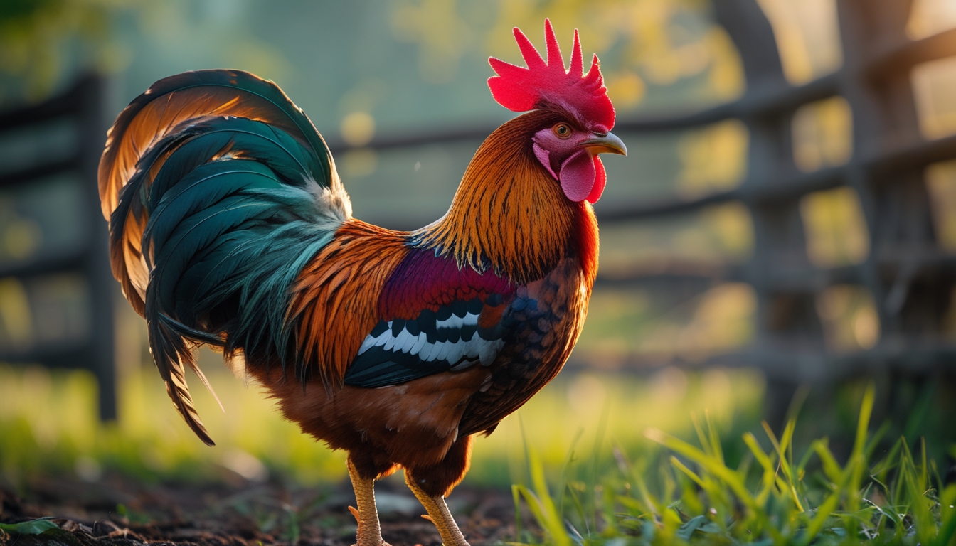 Seekor ayam jago berdiri dengan gagah di lingkungan peternakan tradisional, menampilkan bulu berwarna cerah dan tubuh yang kuat.