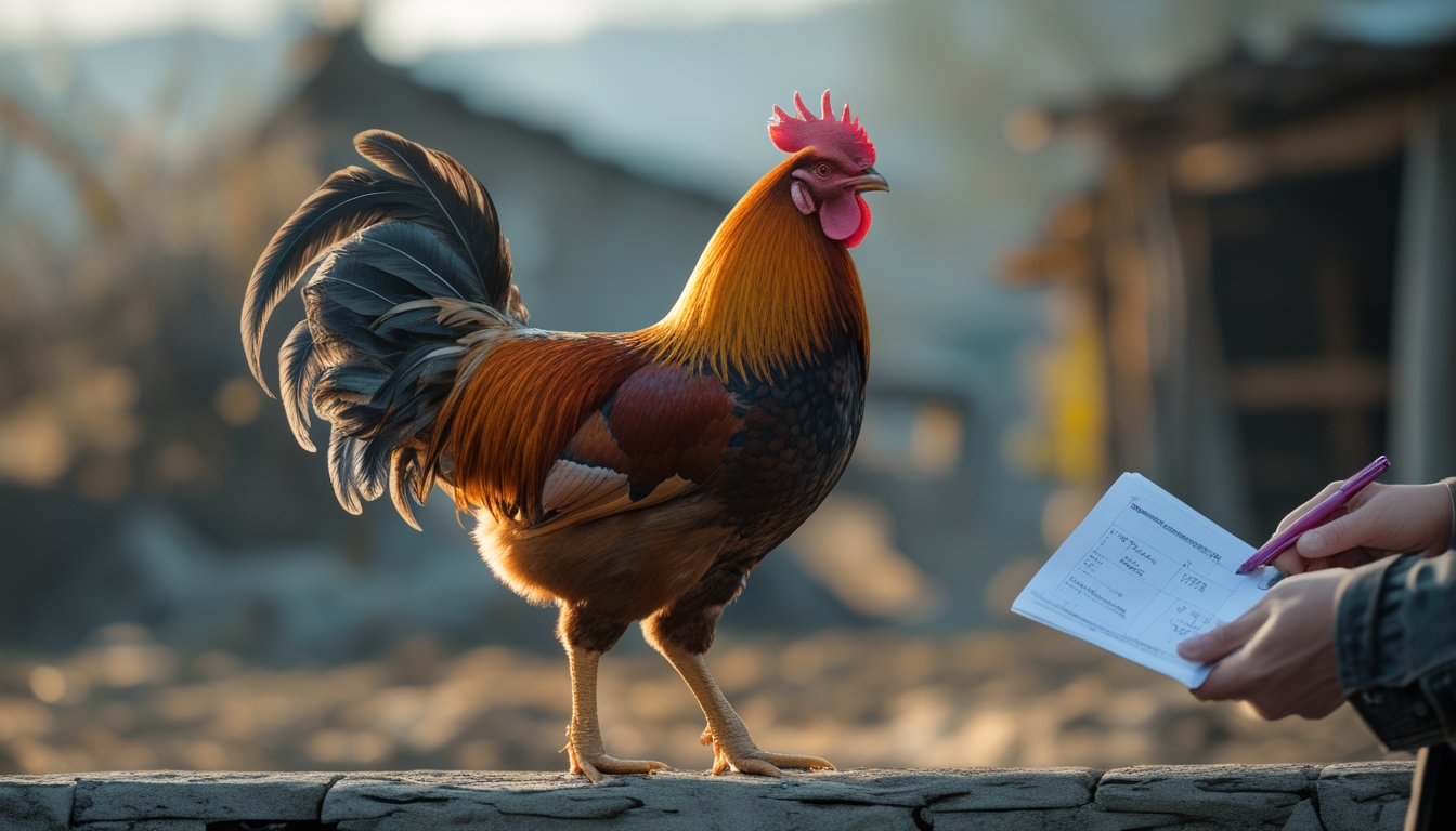 Seekor ayam jago berdiri di lingkungan pedesaan dengan seseorang memegang catatan di dekatnya.