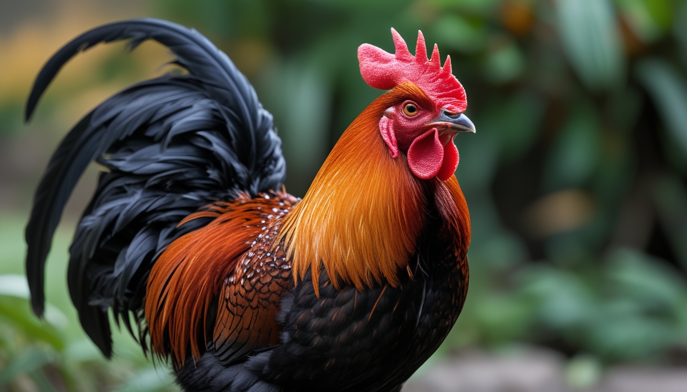 Seekor ayam jago yang kuat berdiri tegak dengan bulu berwarna cerah di latar belakang daun hijau kabur.