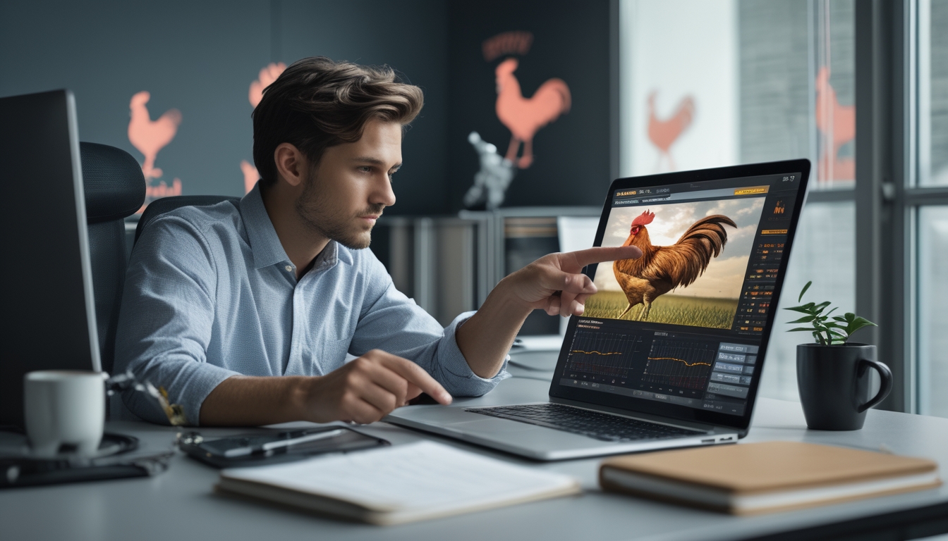 Seseorang sedang menganalisis data taruhan sabung ayam online di depan laptop dan tablet di sebuah meja kerja modern.