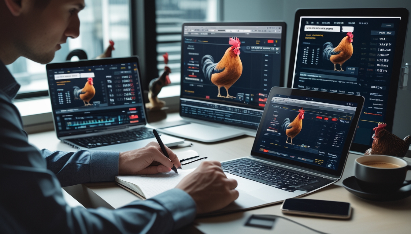 Seseorang sedang menganalisis data tentang ayam jago di beberapa layar digital dalam ruangan kerja modern.