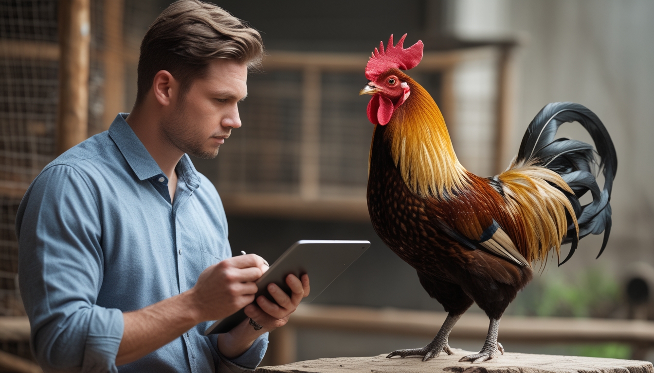 Seorang pria sedang memeriksa ayam jago dengan serius di lingkungan yang bersih dan terang.