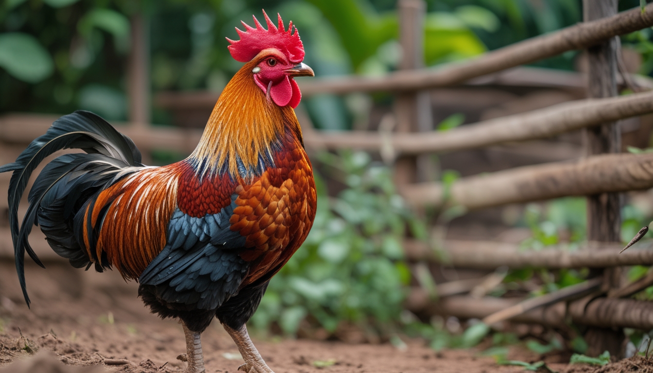 Seekor ayam jago unggul berdiri tegak di lingkungan alami dengan bulu berwarna cerah dan postur kuat.
