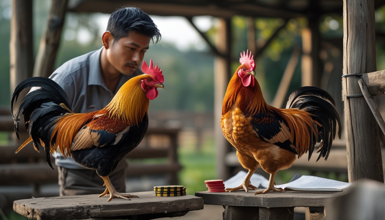 Seorang pria mengamati ayam jago berkualitas di lingkungan peternakan dengan suasana serius dan fokus.