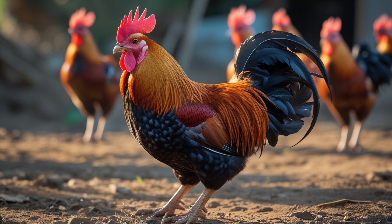 Seekor ayam jago berkualitas dengan bulu berwarna cerah dan tubuh yang kuat berdiri di atas tanah dengan latar belakang kabur.