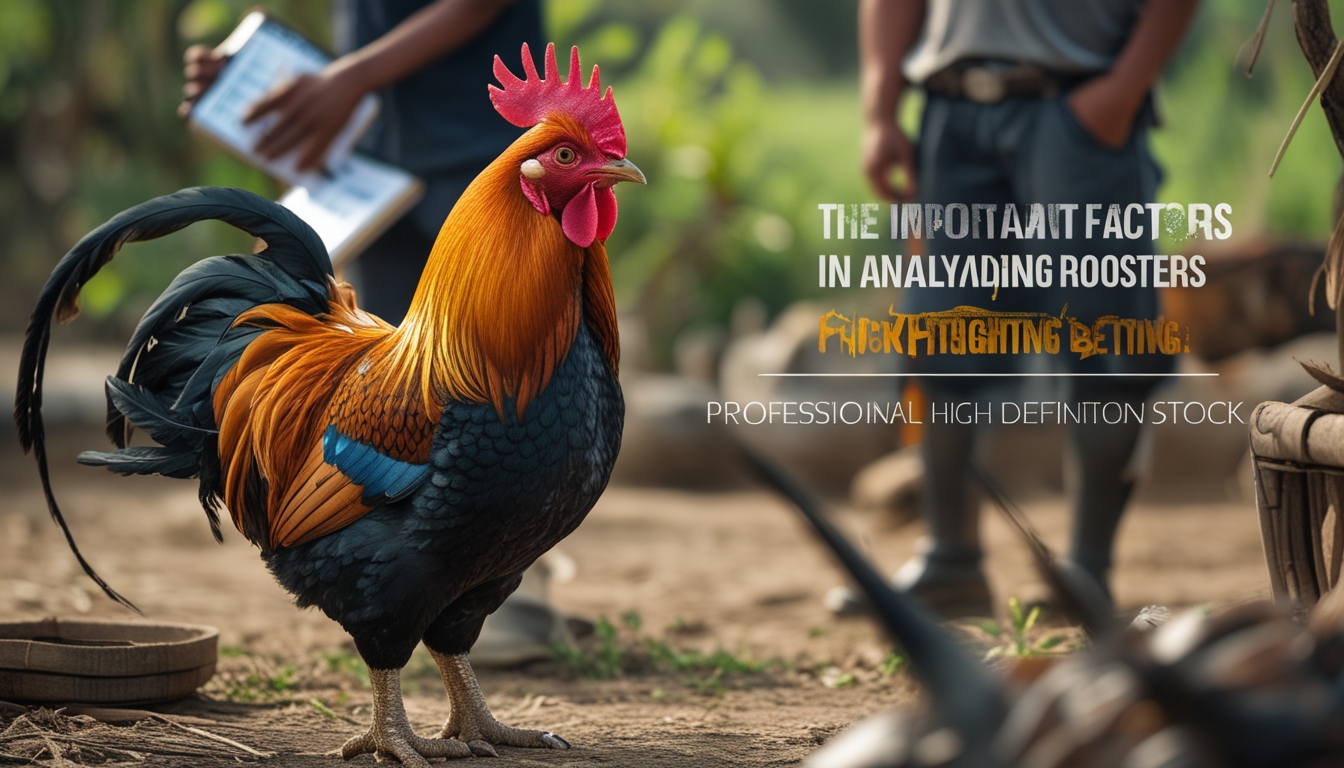 Seekor ayam jago berdiri dengan tegap di luar ruangan, sementara dua orang memperhatikan dan menganalisis ayam tersebut dengan serius.