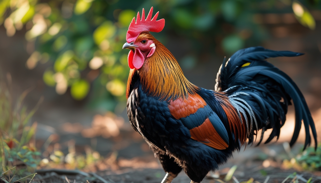 Seekor ayam jago sehat dan kuat berdiri tegak di luar ruangan dengan latar belakang dedaunan hijau.