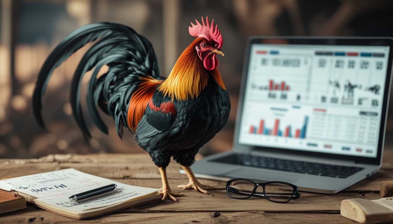 Seekor ayam jago berdiri di atas tempat bertengger dengan alat tulis dan laptop yang menampilkan grafik di sekitarnya.