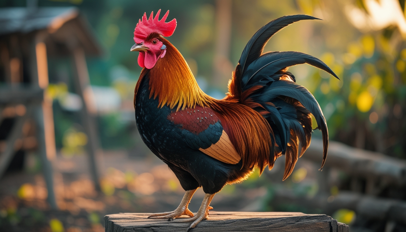 Seekor ayam jago sehat dan gagah berdiri di atas tiang kayu dengan latar belakang hijau alami.