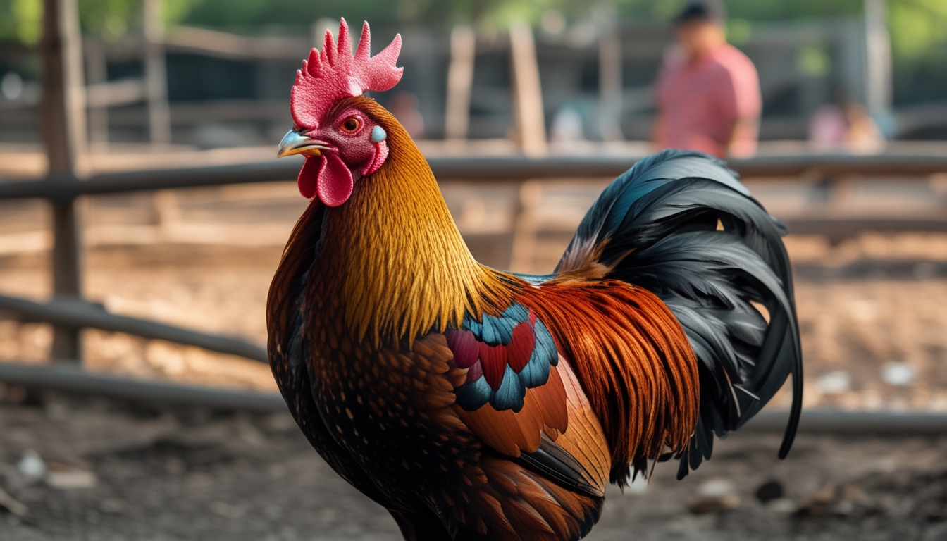 Seekor ayam jago berdiri tegak di luar ruangan dengan latar belakang arena sabung ayam yang samar.