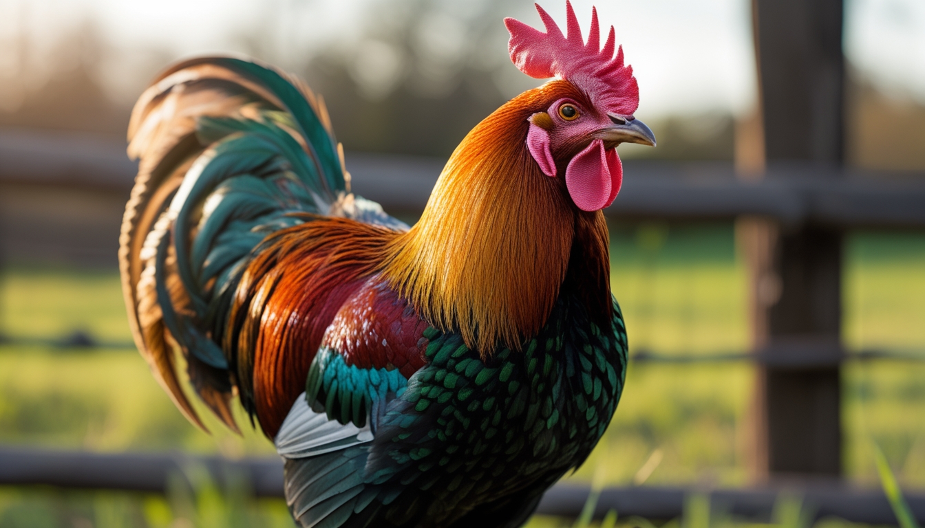 Seekor ayam jago berdiri tegak di halaman dengan bulu berwarna cerah dan latar belakang alami.