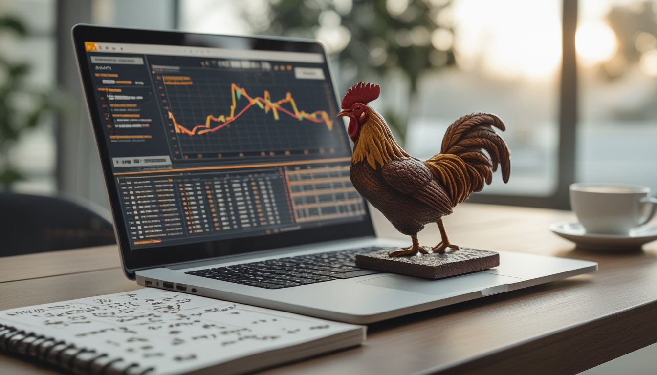 Meja kerja dengan laptop menampilkan grafik, catatan dan model ayam jago di atasnya, suasana fokus dan strategis.