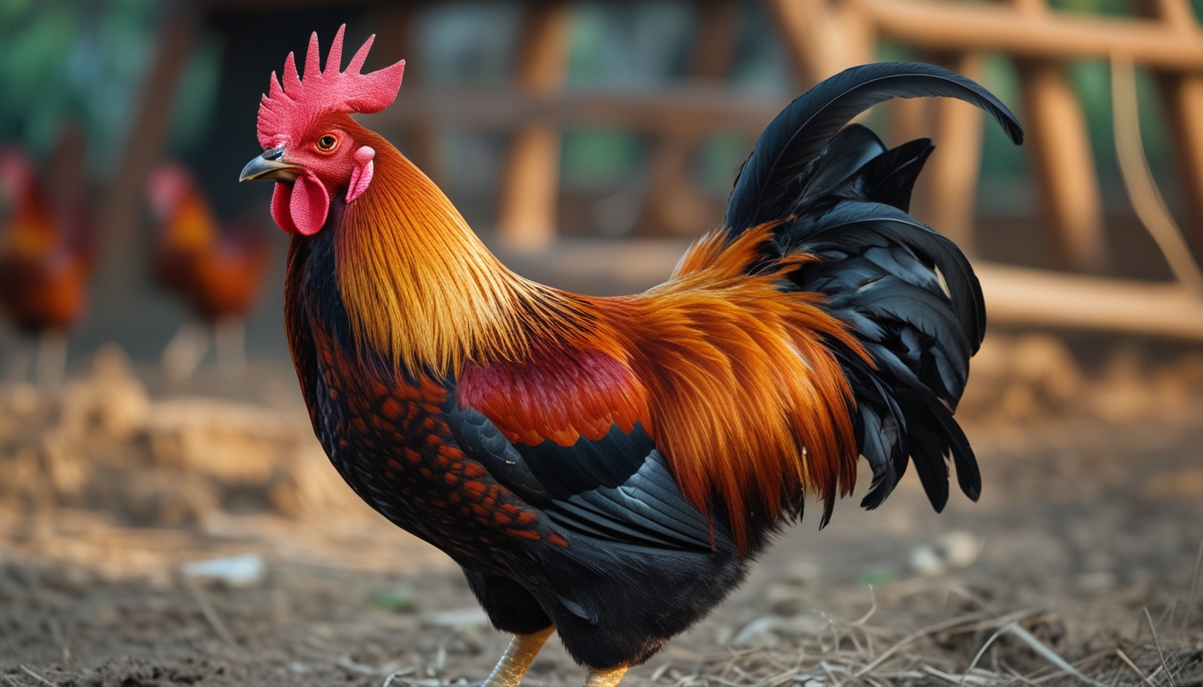 Seekor ayam jago berdiri tegak di lingkungan peternakan dengan bulu berwarna cerah dan postur kuat.