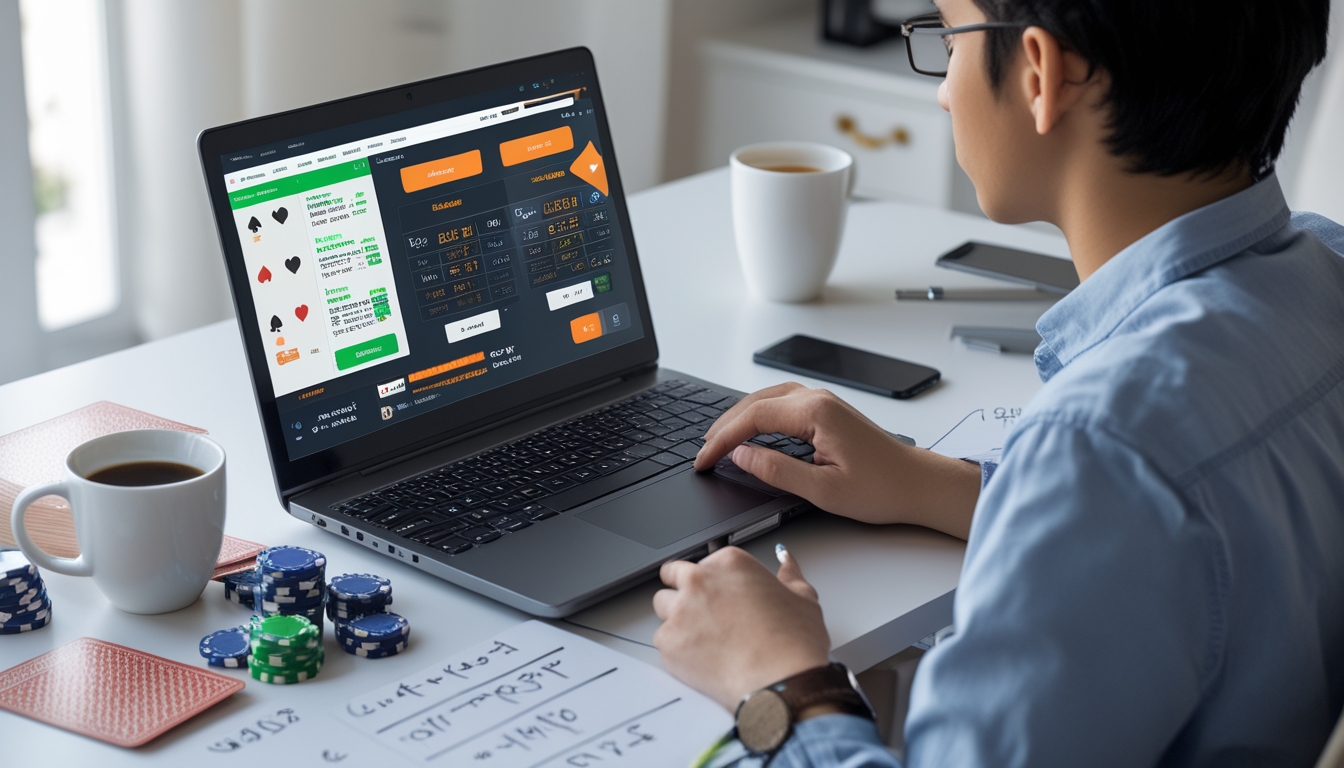 Seorang pemula sedang belajar strategi pengelolaan uang saat bermain blackjack online di depan laptop dengan chip poker dan kartu di meja.