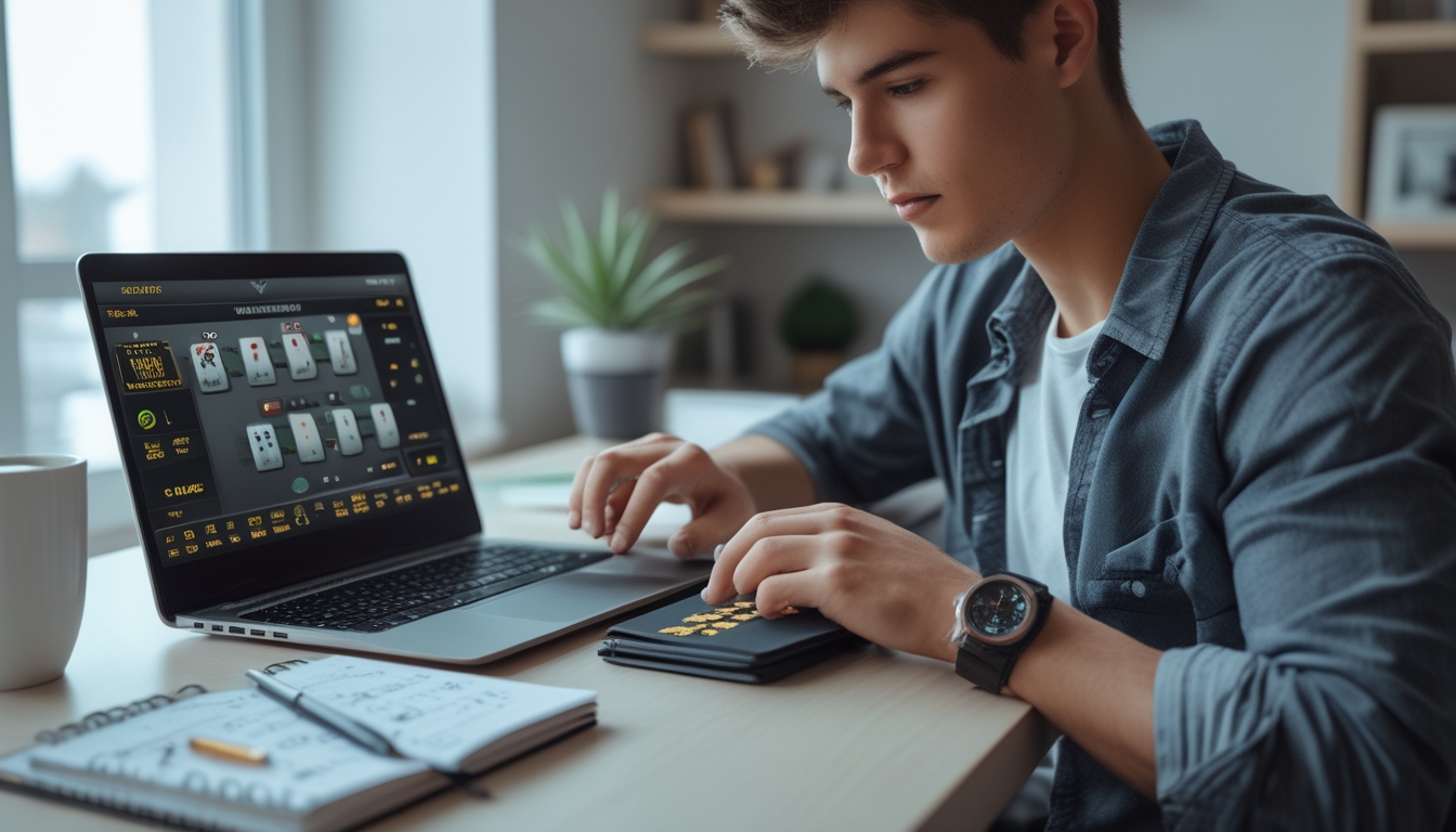 Seorang dewasa muda fokus bermain blackjack online di laptop di ruang kerja rumah yang rapi dengan catatan dan cangkir kopi di meja.