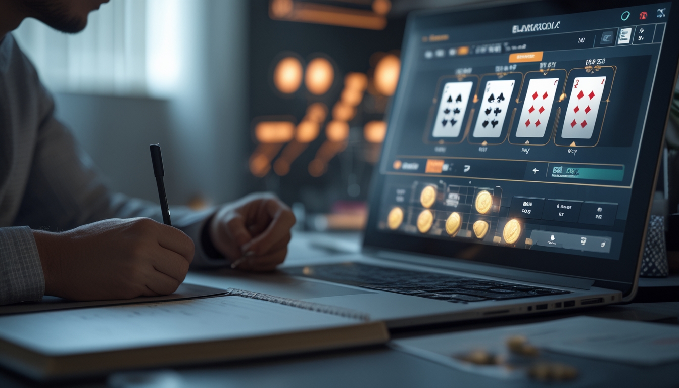 Seseorang sedang mengatur keuangan saat bermain blackjack online di depan laptop dengan suasana kasino digital di latar belakang.