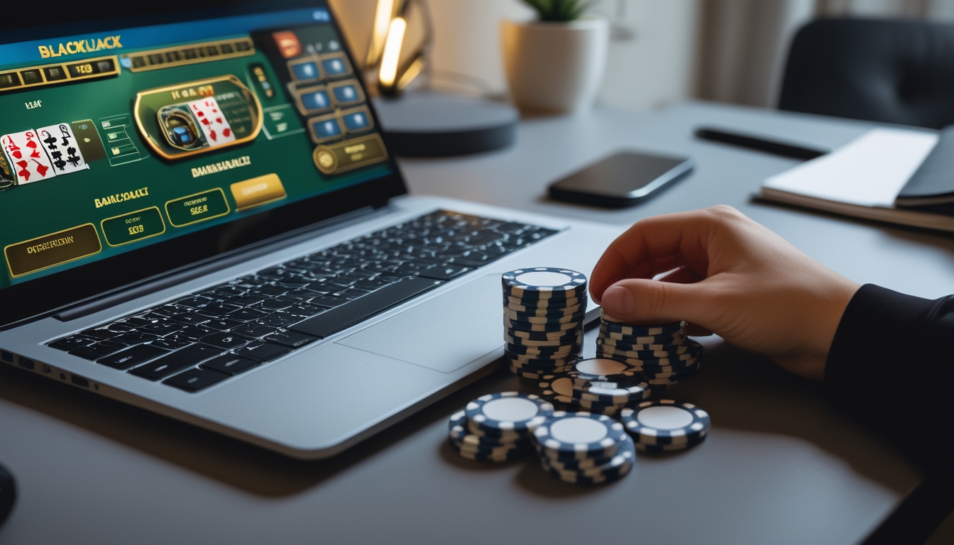 Seseorang sedang mengatur tumpukan chip poker di samping laptop yang menampilkan permainan blackjack online di ruang kerja modern.