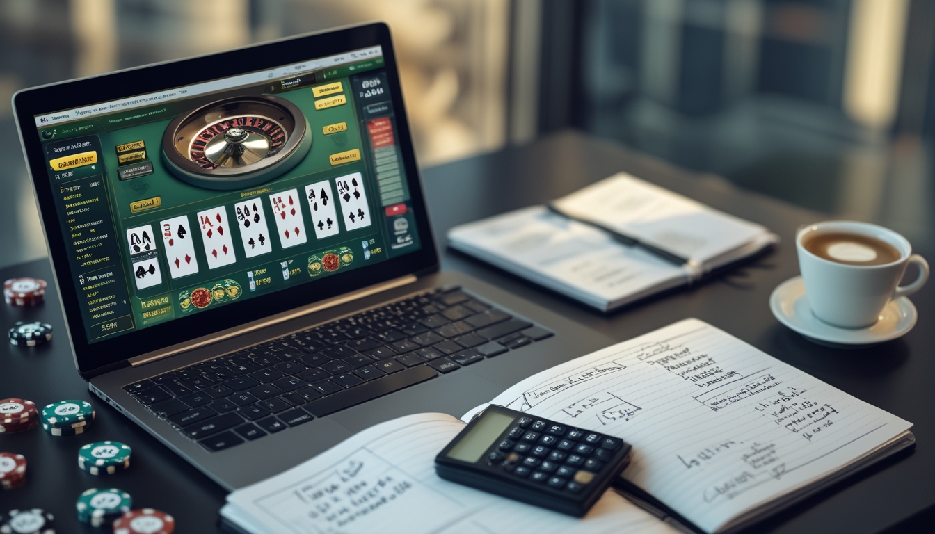 Seseorang sedang merencanakan strategi blackjack online dengan laptop menampilkan permainan blackjack, buku catatan terbuka dengan catatan, kalkulator, dan cangkir kopi di atas meja.