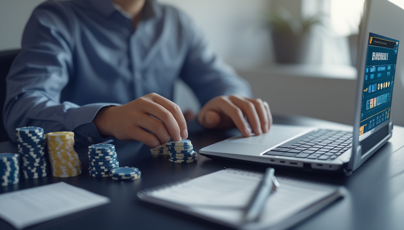 Seseorang sedang mengelola uang taruhan saat bermain blackjack online dengan laptop dan tumpukan chip poker di meja.