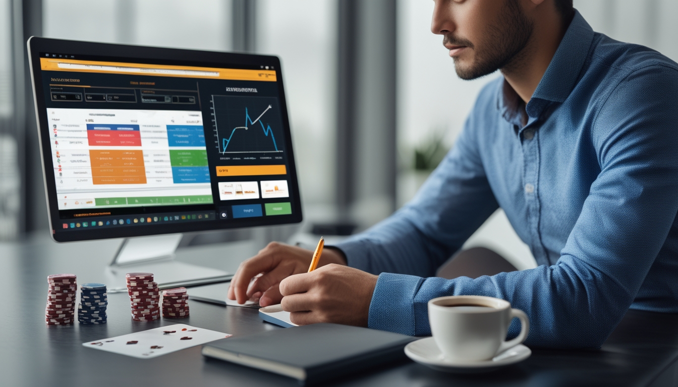 Seseorang yang fokus mengelola strategi bankroll untuk blackjack online di depan laptop dengan kartu dan chip poker di meja.