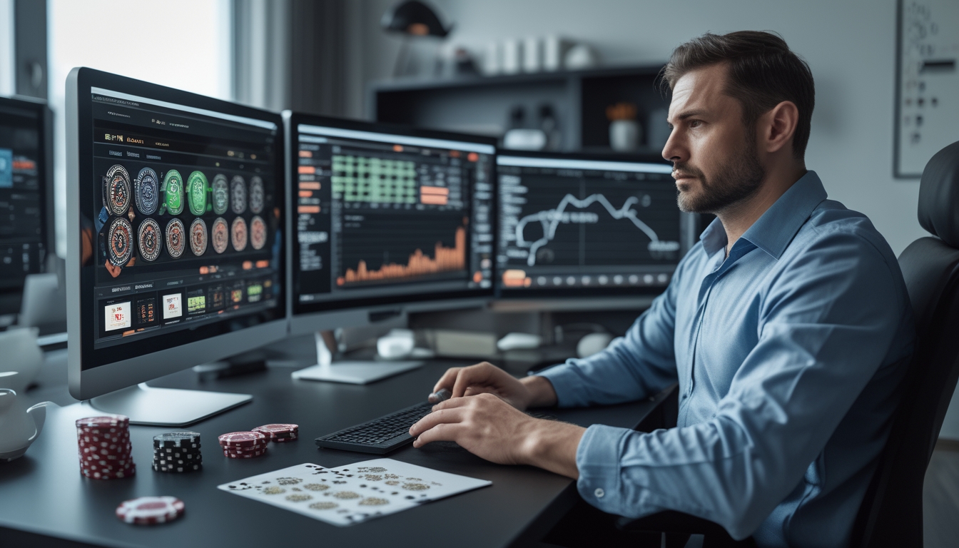 Seorang pria dewasa duduk di depan komputer dengan layar yang menampilkan permainan blackjack online dan grafik keuangan, dikelilingi oleh chip poker dan kartu remi di meja.