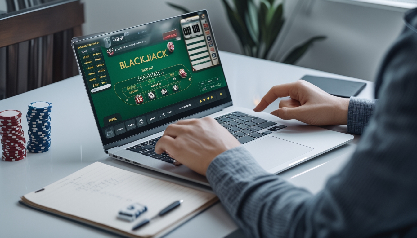 Seseorang sedang mengelola modal saat bermain blackjack online di depan laptop dengan kartu dan chip di layar.