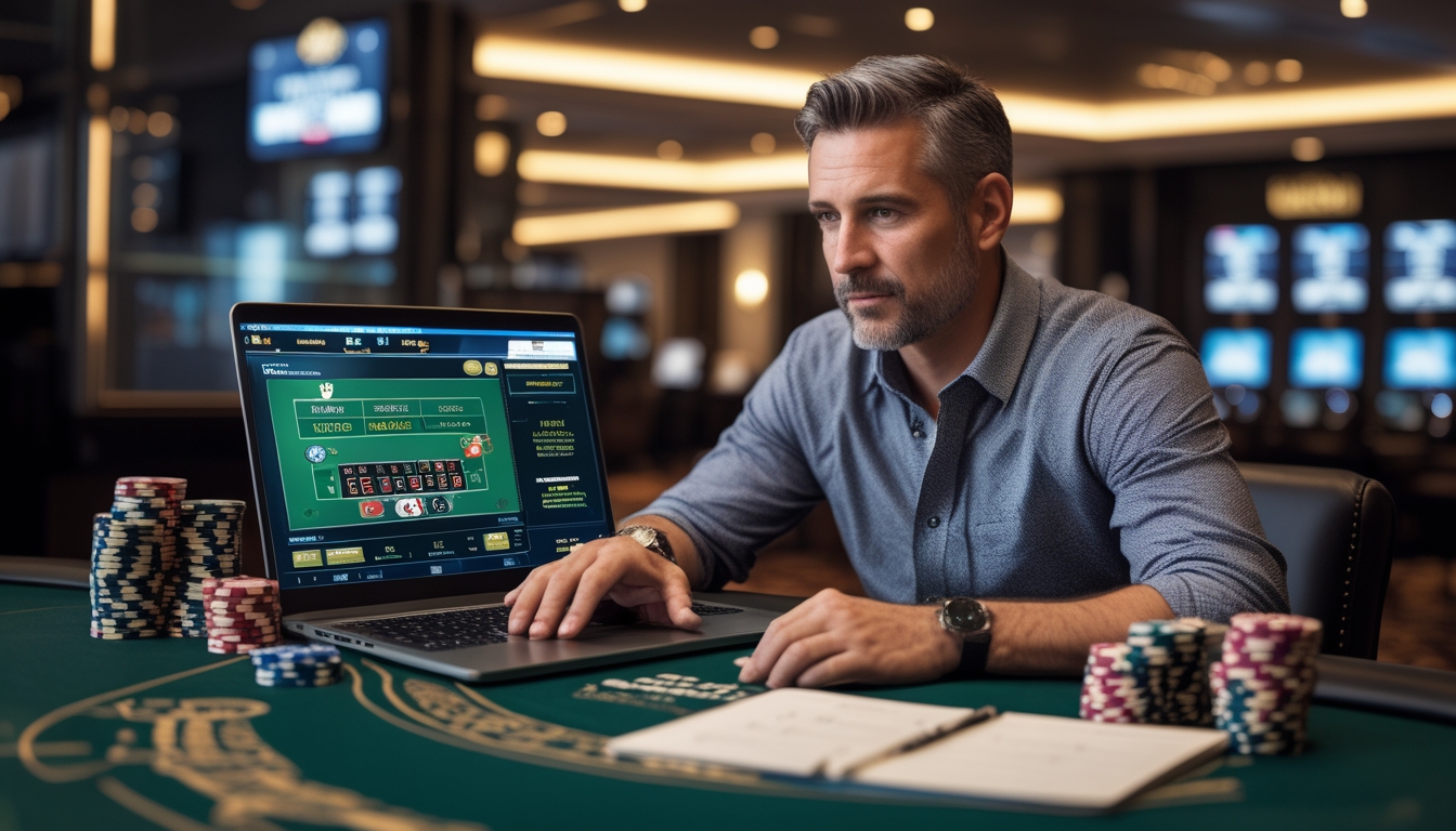 Seorang pria duduk di meja kasino dengan laptop dan tumpukan chip poker, fokus mengelola modal saat bermain blackjack online.