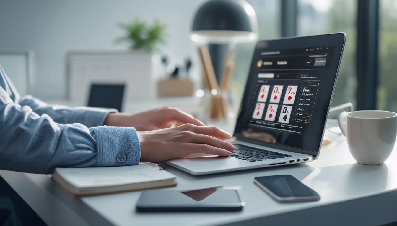 Seseorang yang fokus bermain blackjack online di laptop dengan meja kerja yang rapi dan alat tulis di dekatnya.