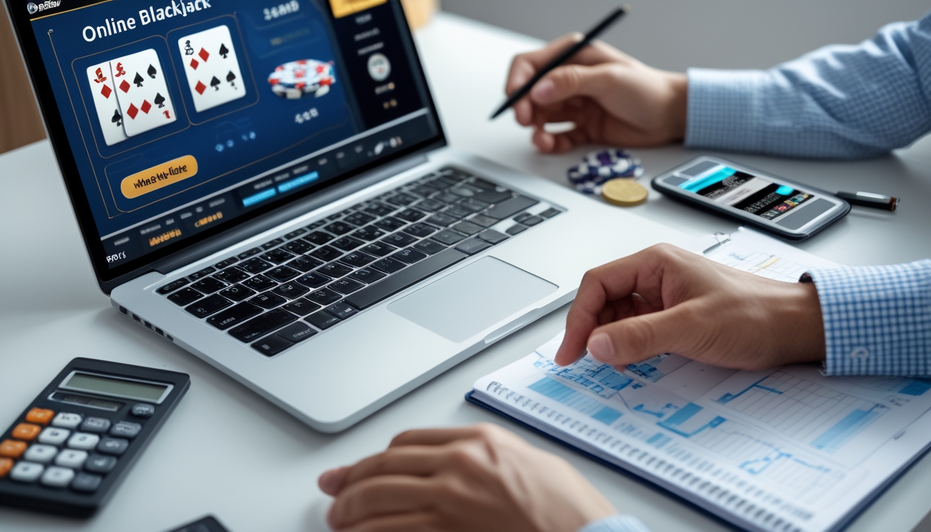 Seseorang sedang mengelola taruhan blackjack online di laptop dengan catatan dan alat hitung di meja.