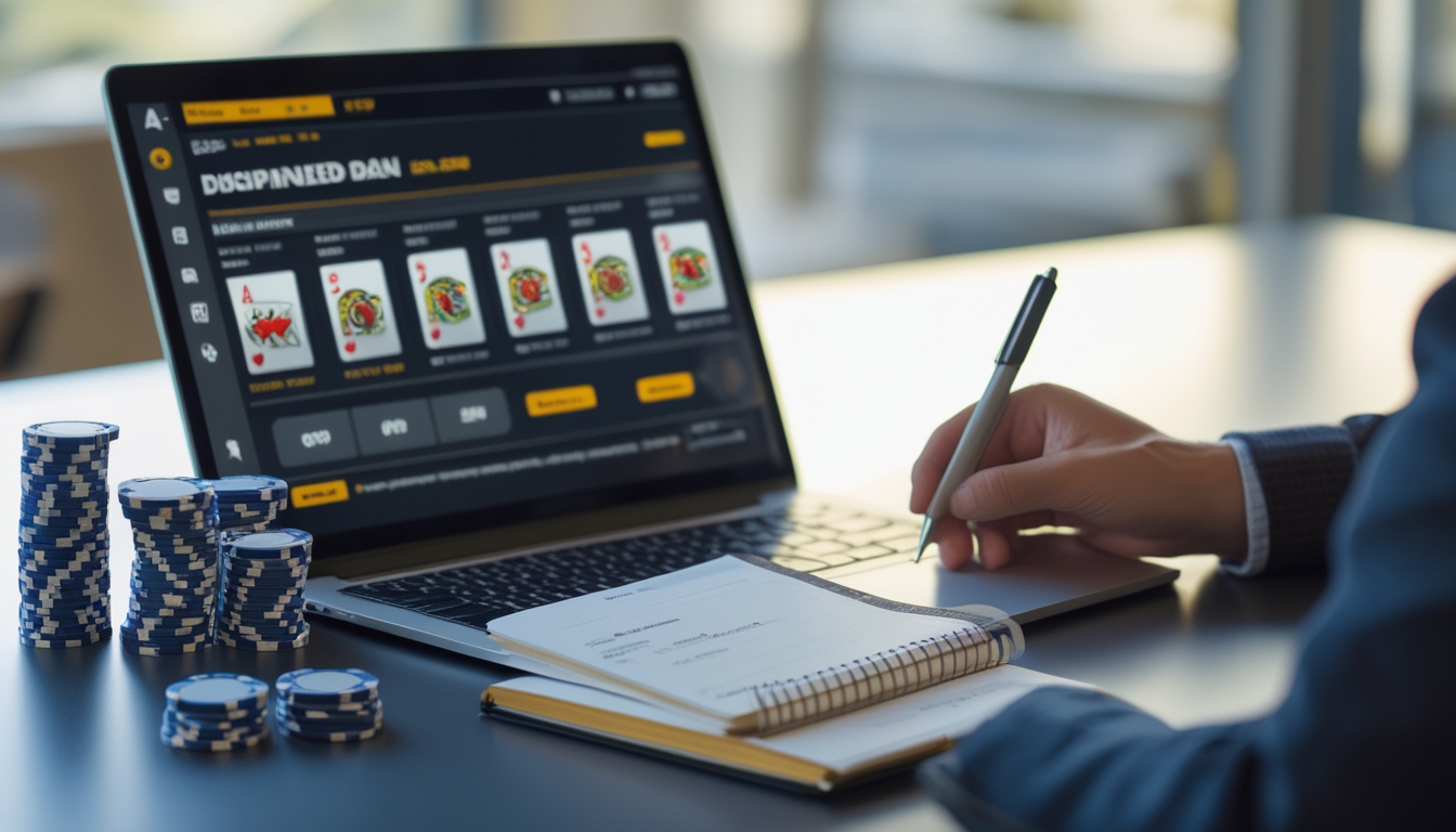 Seseorang duduk di depan laptop yang menampilkan permainan blackjack online dengan tumpukan chip poker dan buku catatan keuangan di meja.