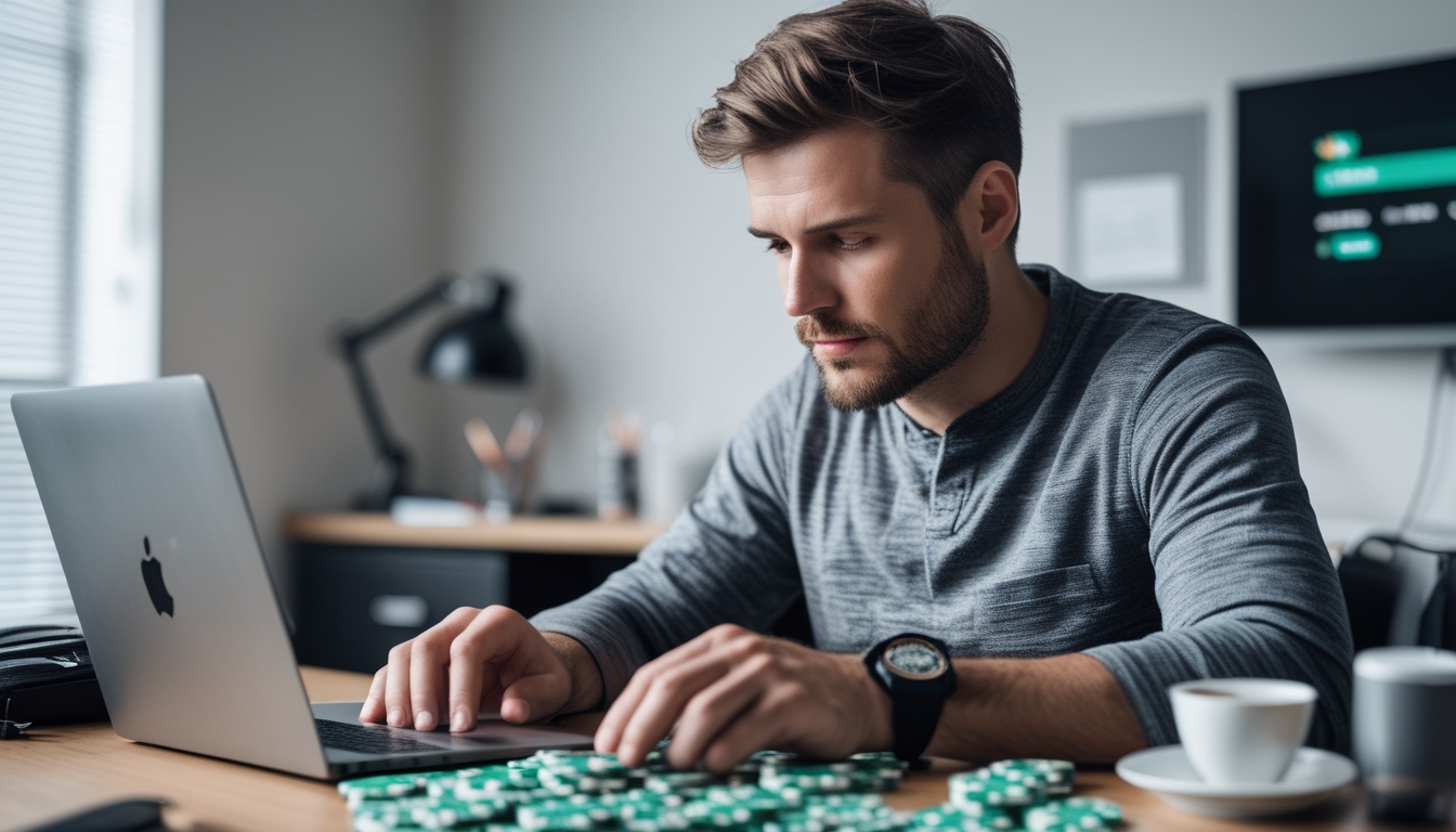 Seorang pria dewasa sedang mengatur chip dan uang di depan laptop yang menampilkan permainan blackjack online, di ruang kerja yang rapi dan terang.
