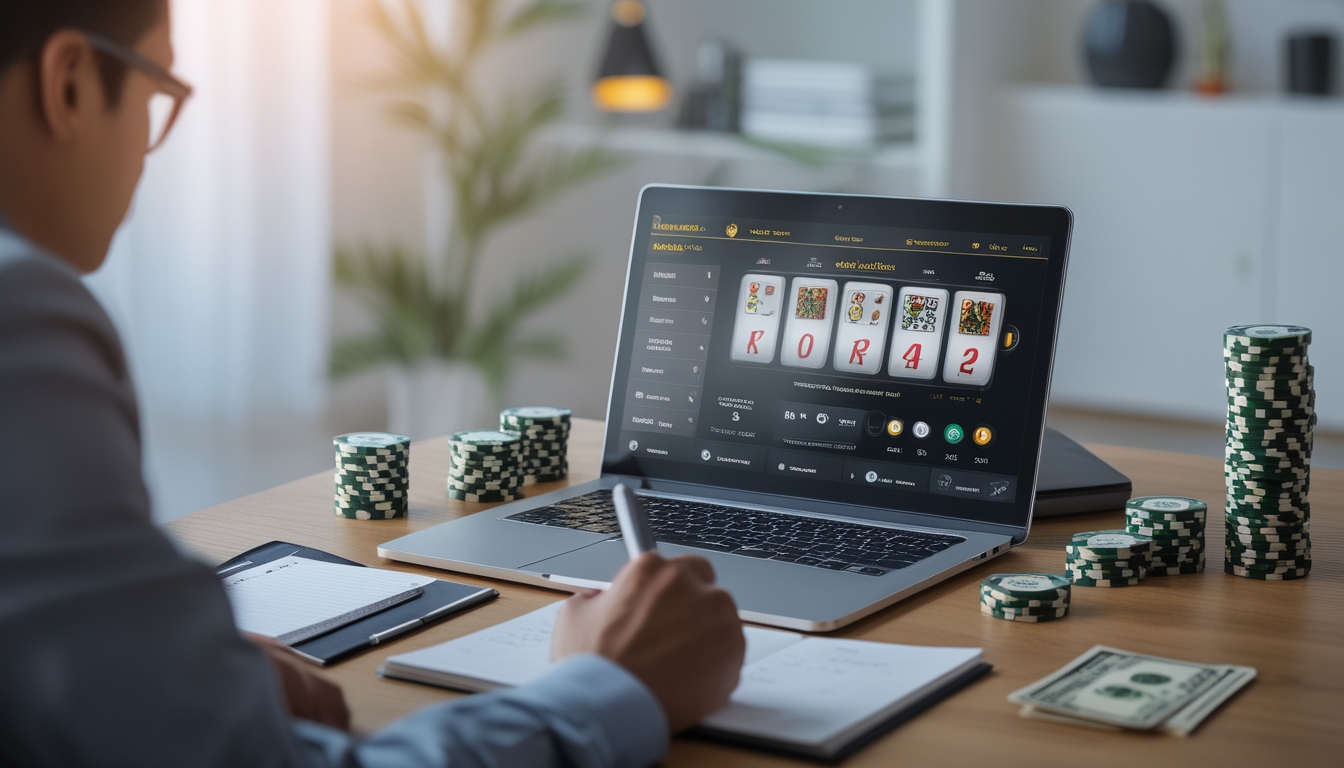 Seseorang sedang mengelola uang dengan laptop yang menampilkan permainan blackjack online, tumpukan chip poker, dan uang di meja kerja.